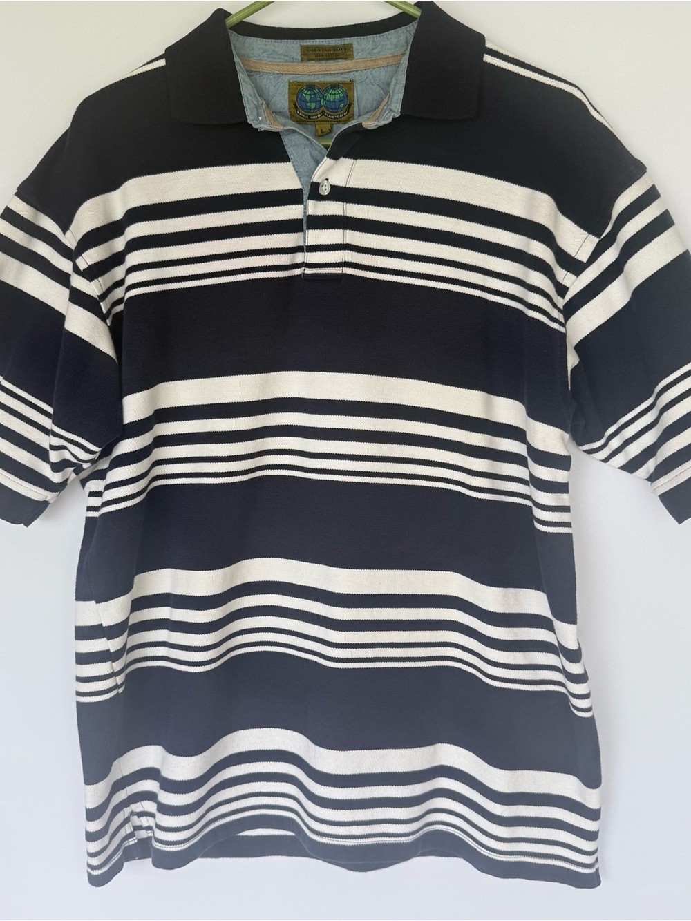 Native Habitat Planet Earth Striped Navy and White Polo Shirt Thick Cotton VTG
